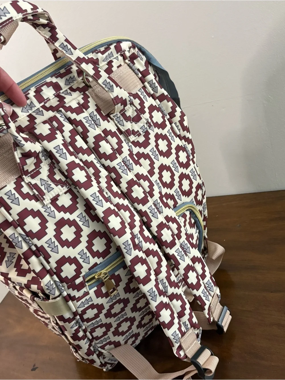 NWOT Womens Backpack Diaper Bag Cream Red Travel Bottle Pockets